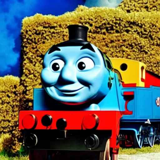 Prompt: deep fried super saturated Thomas the tank engine uncanny contrast meme hilarious