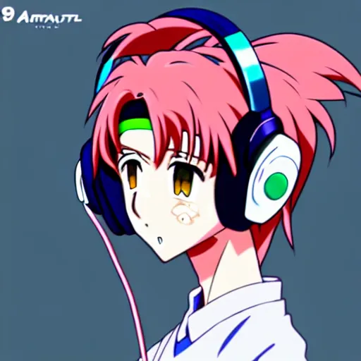 Image similar to An anime character's head wearing retro headphones. 90s anime, Sailor Moon, Neon Genesis, official art, flat cell shading, fantastic screenshot art, trending on artstation, muted nostalgic colors