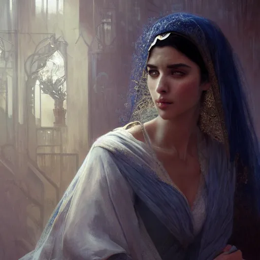 Image similar to a Photorealistic dramatic hyperrealistic render of an arab ameera al taweel, blue eyes, black hair, white veil,by WLOP,Artgerm,Greg Rutkowski,Alphonse Mucha, Beautiful dynamic dramatic dark moody lighting,shadows,cinematic atmosphere,Artstation,concept design art,Octane render,8K