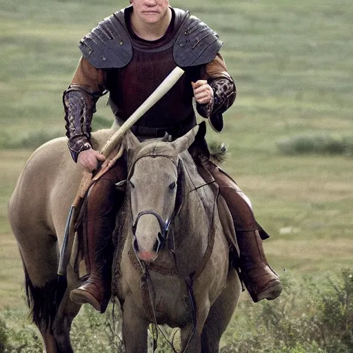 Image similar to medieval druid, matt damon last duel, plains and horses in the background, brown. beige. flask of wine. spear wielding. leather armor