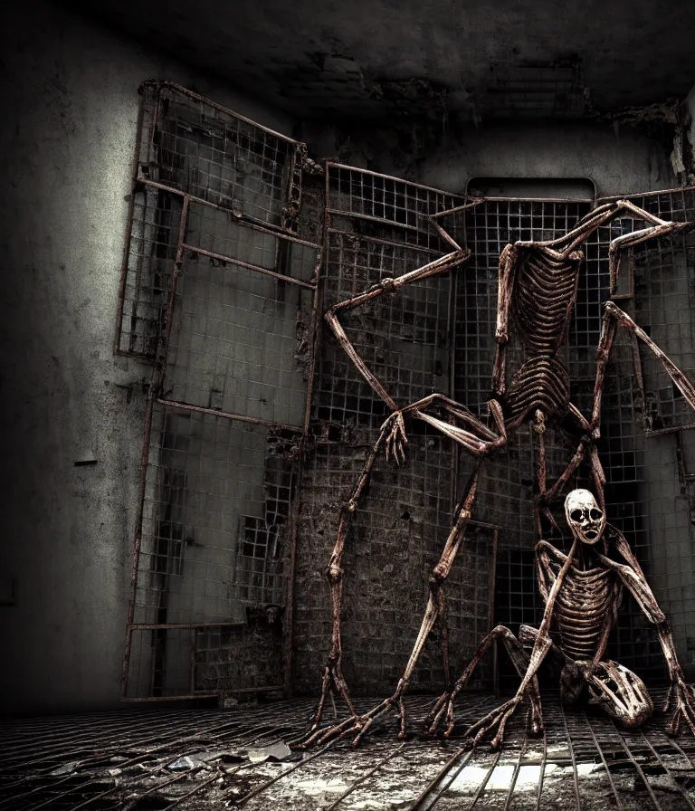 Prompt: Creepy huge suffering humanoid with long limbs sits on the floor and looks at the old TV. An underground very dark gloomy multi-layered structure of rusty thick iron grates, dense chain-link fencing and peeling walls. Inside view, collapsed floors, bent rusted iron, masterpiece, black background, corners, cinematic, hyperdetailed, photorealistic, hyperrealism, octane render, 8k, depth of field, bokeh, architecture, shadows, art by Zdzisław Beksiński, Dariusz Zawadzki