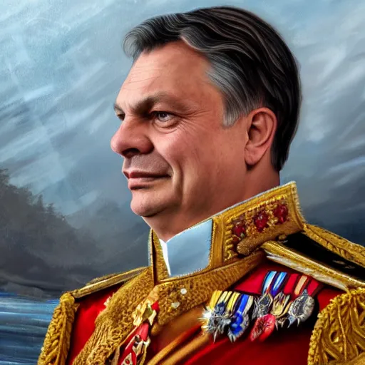 Image similar to an extremely realistic portrait depicting the coronation of viktor orban dressed in royal national costume, on the frozen danube, detailed, intricate, elegant, highly detailed, hyper realistic face, digital painting, artstation, concept art, smooth, sharp focus, illustration,