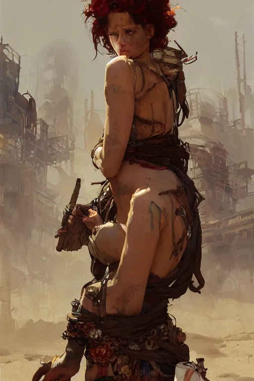 Image similar to a full body portrait of a beautiful post apocalyptic offworld harbor district bedouin blind pulp fiction scarlet wild rogue barbarian leper begging by the roadside, intricate, elegant, highly detailed, digital painting, artstation, concept art, smooth, sharp focus, illustration, art by krenz cushart and artem demura and alphonse mucha