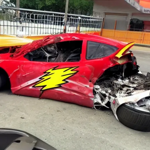 Prompt: a photo of lightning mcqueen, after a horrific traffic accident where he was t - boned by mac.