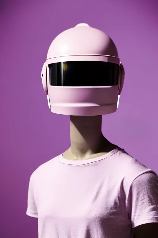 Prompt: a high definition film photograph of a normal androgynous robot human wearing a plain white t - shirt, in a pastel pink room. happy. metal visor covering eyes. chrome material helmet. crushed shadows.