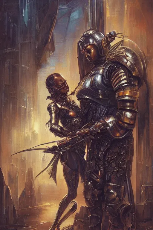 Prompt: a painting of a man in armor holding a woman, cyberpunk art by greg staples and by thomas blackshear and by michael whelan, cgsociety, fantasy art, dystopian art, androgynous, poster art