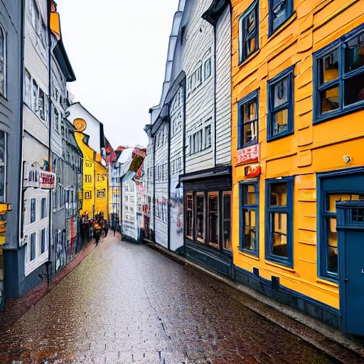 Image similar to picture of a street in bergen, norway, raining, spring