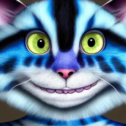 Image similar to cute blue striped cheshire cat. an adorable cat with light blue stripes, blue eyes and a mischievous smile. stunning digital art by eva balloon. fluffy, soft