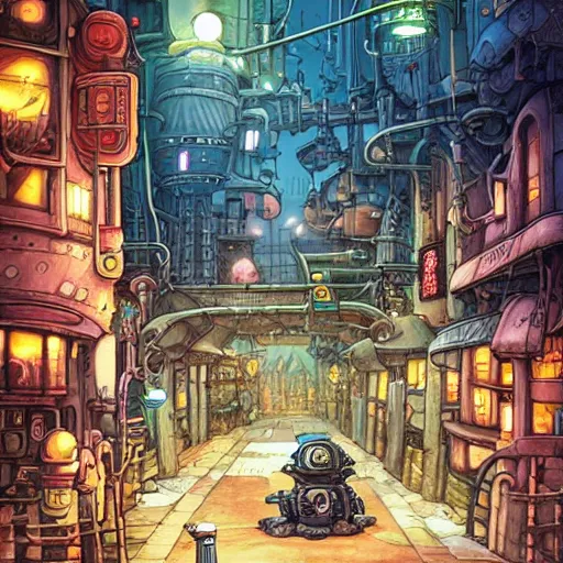 Prompt: fantasycore street view of futuristic machinarium tokyo at night by michael whelan and naomi okubo and dan mumford. cute chibi machinarium robots. cel-shaded. glossy painting.