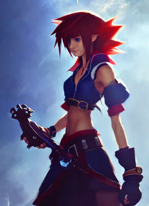 Image similar to female cosplayer wearing cosplay of sora from kingdom hearts. woman's face. art by greg rutkowski, art by pascal blanche. crisp quality. digital photography. trending in deviantart.