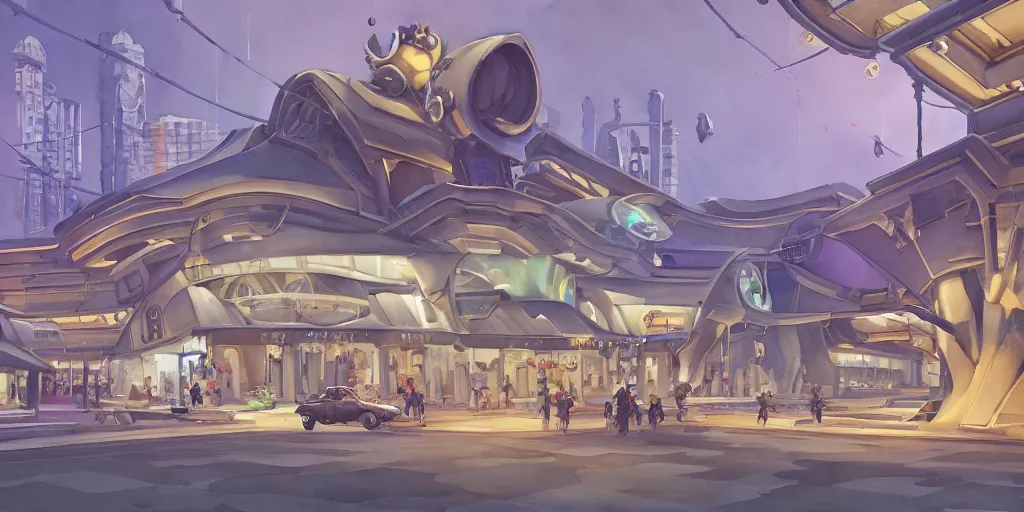 Image similar to overwatch building, stylized, exterior, architecture, in watercolor gouache detailed paintings, insanely detail, artstation, 8 k, futuristic, big medium small, arcane, simon stalenhag, food stall, interesting shapes & form, golden ratio, megastructures, vitaly bulgarov, mall, jungle, environment, nature, zaha hadid, night, afterdark