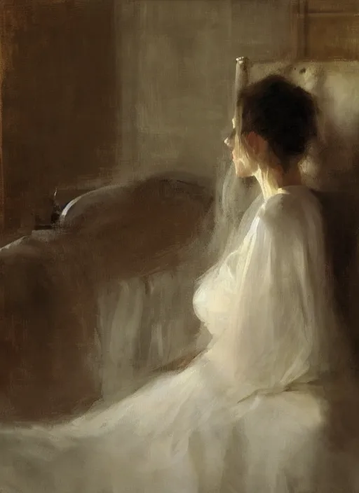 Prompt: portrait painting of a woman posing in an artistic over a bed, white satin sheets by jeremy mann, only one head single portrait