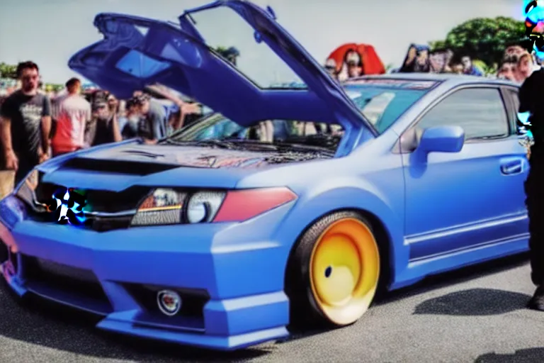 Image similar to mark Zuckerberg and his anime wrapped honda civic at a car show