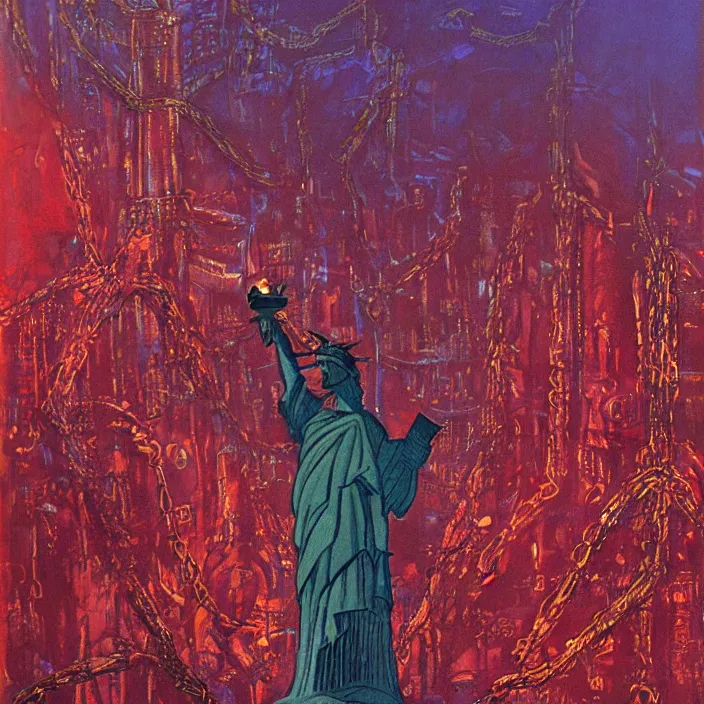 Prompt: statue of liberty in long large chains in underground city, red and purple palette, volume light, fog, by ( h. r. giger ) and paul lehr