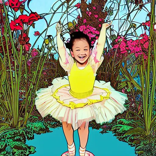 Image similar to a mixed race hapa five - year - old girl, dressed as a ballerina, performing at the washington dc botanical gardens, smiling into the camera, portrait, wide shot, midday light, bright colors, illustration, pop art, splash painting, art by geof darrow, ashley wood, alphonse mucha