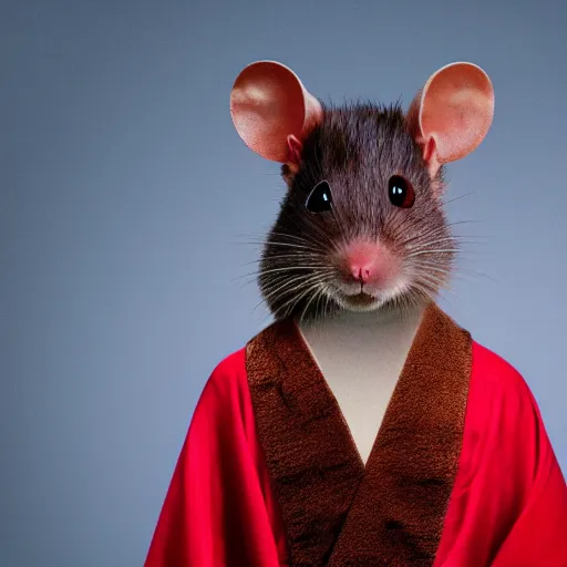 Prompt: a portrait of a human-rat hybrid with brown fur wearing a red kimono, hyper realistic, photography, film still