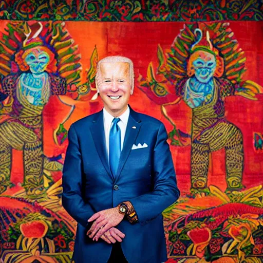 Image similar to A Photo Portrait of Joe Biden Wearing Indonesian Batik Tulis at a fancy Balinese restaurant, award winning photography, sigma 85mm Lens F/1.4, blurred background, perfect faces