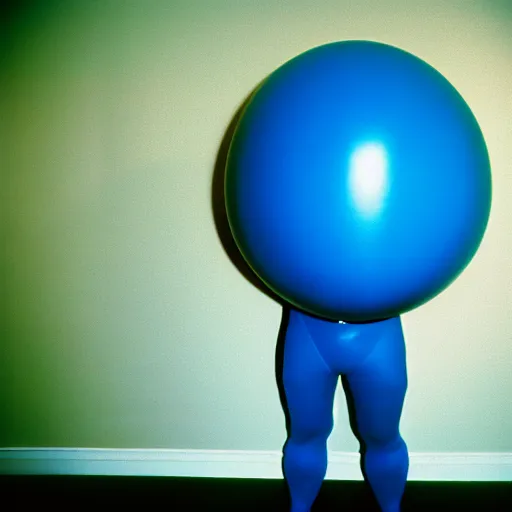 Prompt: a spherical man in a blue morphsuit waddling across the room, 3 5 mm, film shot