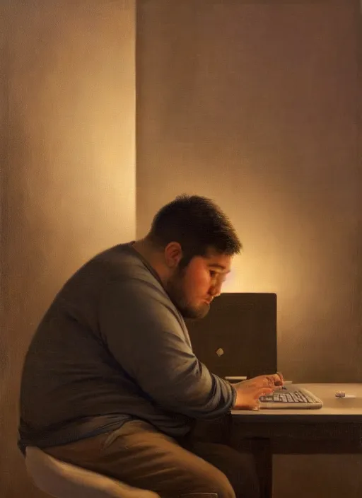 Image similar to insanely detailed chiaroscuro image of a sleepy - looking chubby casually - dressed programmer guy on his knees facing his glowing ultrawide monitor monitor begging it for forgiveness, oil on canvas, masterwork, fine detail, trending on artstation, emotive, insanely compelling, ryden, koons, moebius