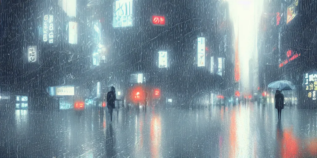 Prompt: digital painting, modern tokyo, raining, detailed lighting, high quality, sharp focus, intricate, artstation, 4k