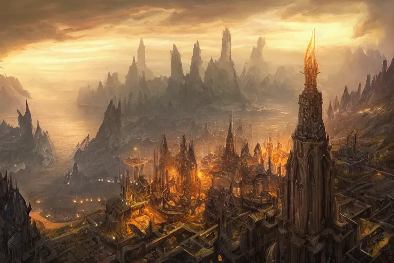 Image similar to high aerial shot, fantasy landscape, sunset lighting ominous shadows, cinematic fantasy painting, dungeons and dragons, a port city, harbor, bay, with an elvish cathedral inspired by the syndey opera house by jessica rossier and brian froud and hr giger