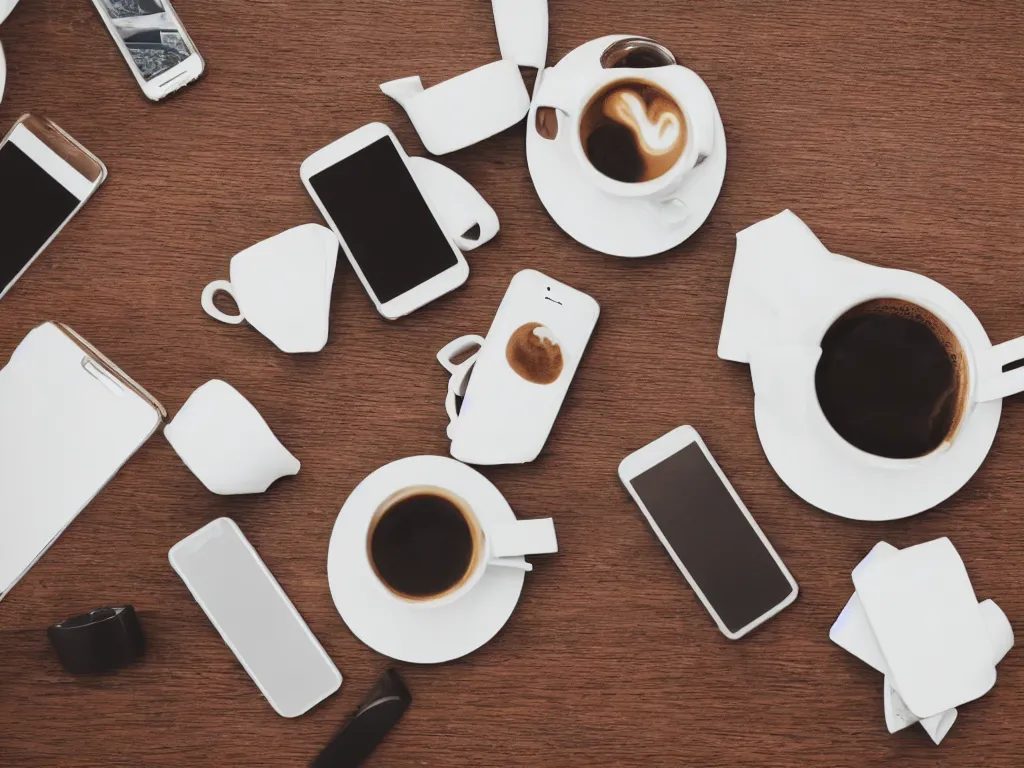 Prompt: coffee cups and smartphones on table