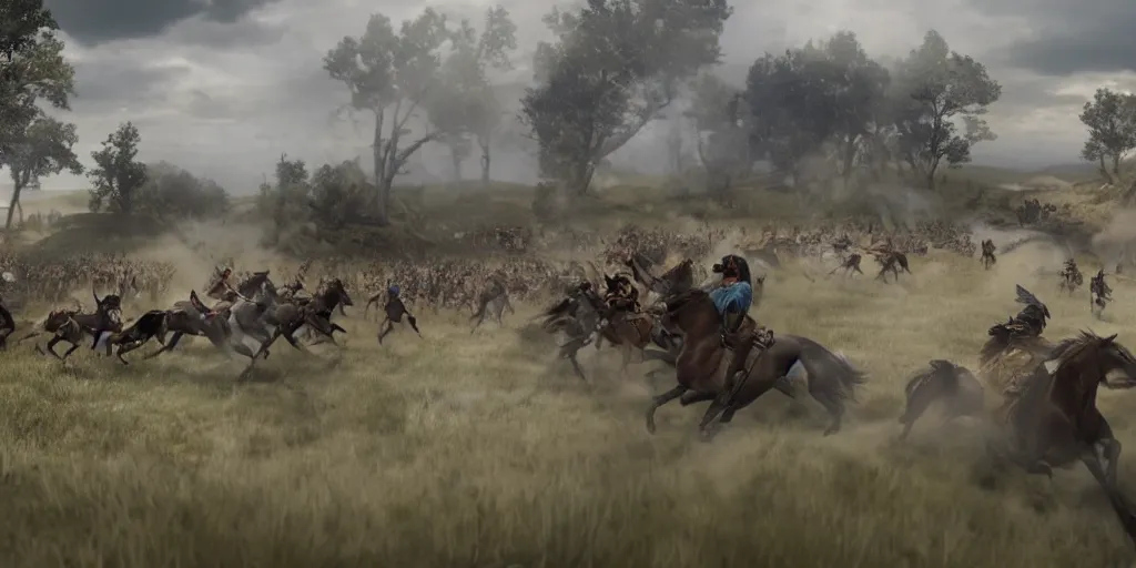 Prompt: an establishing action shot of the ( battle of little bighorn ), majestic horses, desperate action scene, dramatic lighting, cinematic, extremely high detail, photorealistic, cinematic lighting, trending on artstation cgsociety rendered in unreal engine 4 k hq