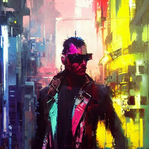 Prompt: cyberpunk by greg rutkowski, by jeremy mann, by francoise nielly