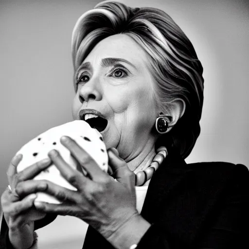 Prompt: black and white photograph of hillary clinton eating a burrito