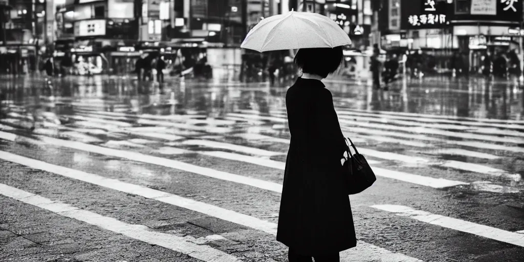 Prompt: A lonely woman with an umbrella waiting to cross Shibuyas crossing in Japan, back facing the camera, rainy afternoon, dramatic contrasting light