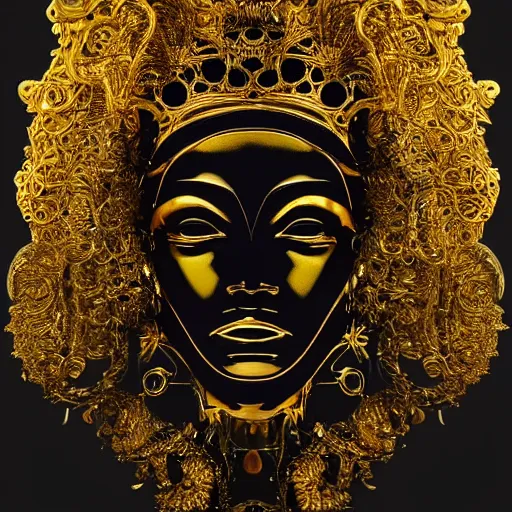 Image similar to epic deatailed golden statue of the King, surrounded by intricate gold lace metalwork on a black smokey background, close up face, modern art, trending on Artstation