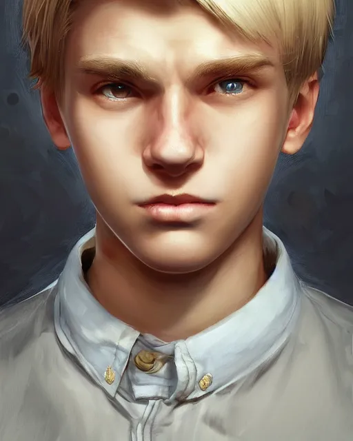 Prompt: portrait of 1 5 - year - old boy with blonde hair, round - face, with long toothed, hyper realistic face, beautiful eyes, character art, art by artgerm lau and wlop and and ilya kuvshinov and john singer sargent, hyperdetailed, symmetrical, cryengine, trending on artstation, digital art