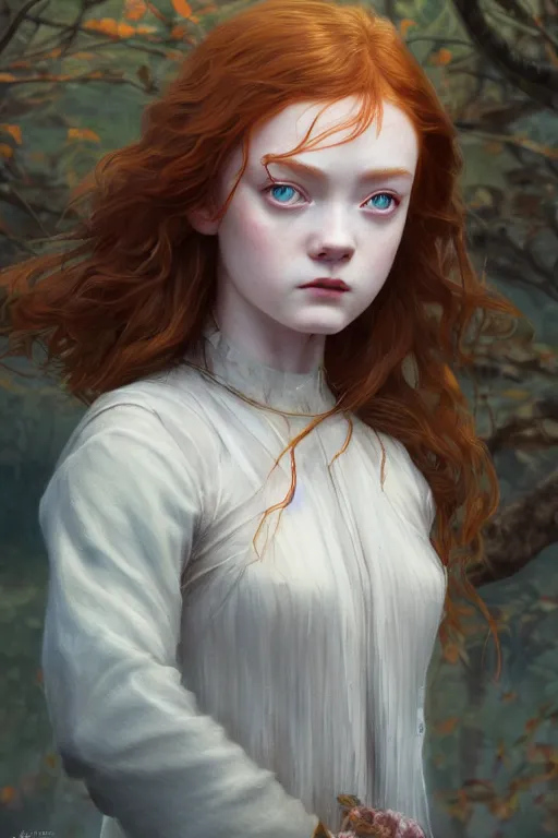 Prompt: sadie sink goddess of the autumn twilight, highly detailed, digital painting, artstation, concept art, smooth, sharp focus, illustration, unreal engine 5, 8 k, art by artgerm and greg rutkowski and edgar maxence