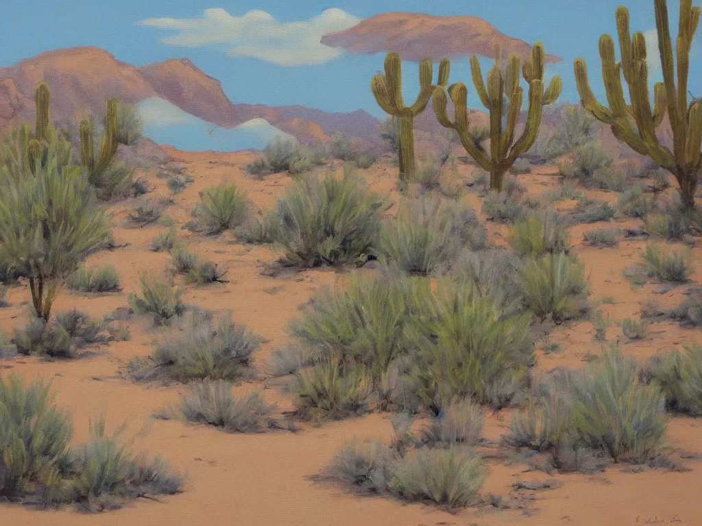 Image similar to Trailer park landscape in the desert near the oasis painting by Alison Elizabeth Taylor