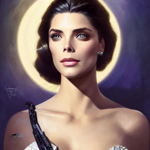 Image similar to Ashley Greene's face combined with Grace Kelly's face with black hair wearing Power Armor, western, D&D, fantasy, intricate, elegant, highly detailed, digital painting, artstation, concept art, matte, sharp focus, illustration, art by Artgerm and Greg Rutkowski and Alphonse Mucha