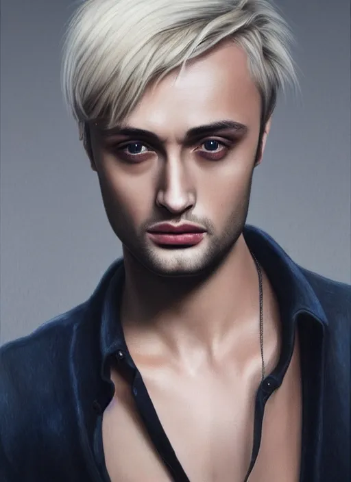 Prompt: photo of douglas booth with platinum blonde hair, beautiful, sharp detail, realistically detailed shading, 8 k, hyper realistic art, photo realism, robin eley, artstation, hyper realistic oil painting