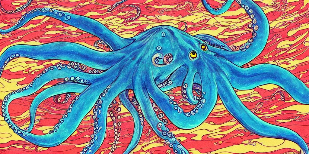 Image similar to ” beautiful octopus drifting in the deep sea painted by moebius. ”