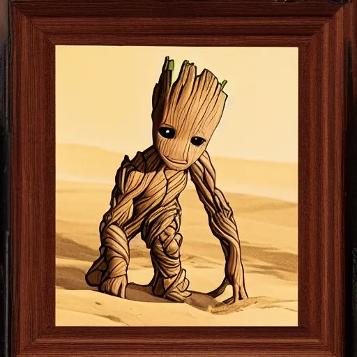 Prompt: Baby Groot building a sandcastle, Fayum portrait