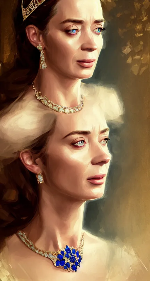 Image similar to portrait of emily blunt as queen, jewelry, greek, sapphire, victorian age, 1 8 9 0, intricate, headshot, key visual, conceptart, ambient lighting, highly detailed, digital painting, artstation, concept art, sharp focus, by makoto shinkai and akihiko yoshida and greg manchess