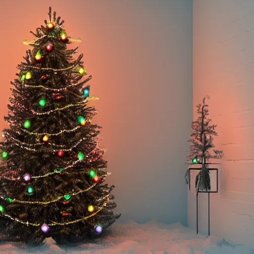 Image similar to a christmas tree made out of neon lights in a dark room, hyperrealistic photograph, artstation, octane render