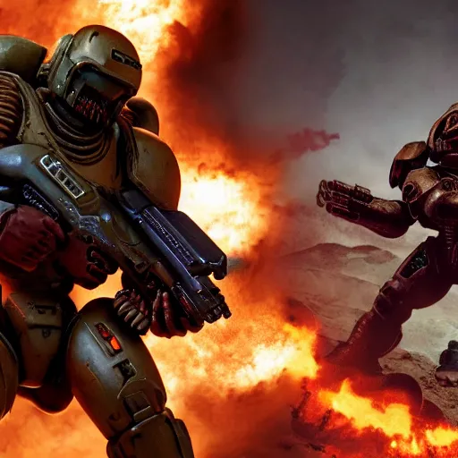 Image similar to Doom Guy vs Space Marine, HD, award winning, 8K cinematic, destruction, asymmetric ground, final battle, complex details, sharp focus, close up