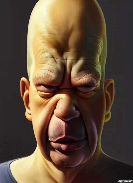 Image similar to concept art by artgerm, amazingly dense distance portrait of a hyper realistic, frowning, sad homer simpson by greg rutkowski, artgerm, alphonse mucha, concept art, octane render, highly detailed, high quality, 8 k, soft lighting, path traced, and uang guangjian and gil elvgren, symmetry!!