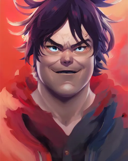 Image similar to anime portrait of Jack Black as an anime man by Stanley Artgerm Lau, WLOP, Rossdraws, James Jean, Andrei Riabovitchev, Marc Simonetti, and Sakimichan, trending on artstation