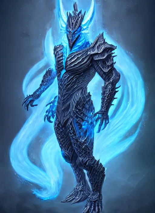 Image similar to muscular and tall blue ghostly fire humanoid dragon!!!! draconian!! intricate ornate iridescent heavy armor!! character concept art, sharp focus, octane render! unreal engine 5! highly rendered!! trending on artstation!! detailed linework!! illustration by artgerm, wlop, and chie yoshii