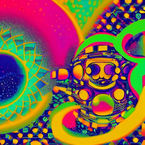 Prompt: Corporate Hippie aesthetic, psychedelic graphic styles, Liminal space in outer space