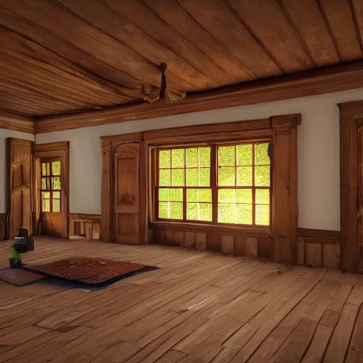 Prompt: Peaceful wooden mansion, unreal engine 5 tech demo, Asher Duran