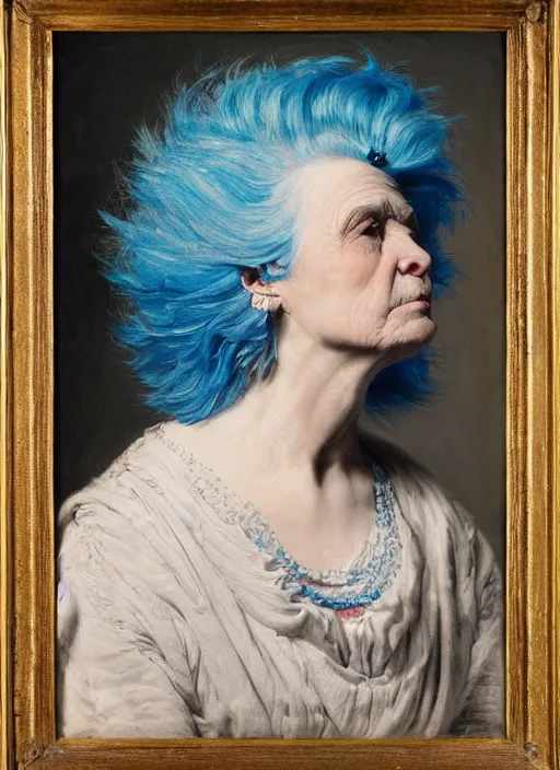 Image similar to a detailed portrait of old woman with a extravagant mohawk by edouard bisson, blue hair, punk rock, oil painting, muted colours, soft lighting