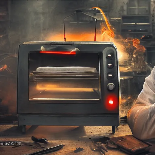 Image similar to cyborg toaster oven repairman, dark messy smoke - filled cluttered workshop, dark, dramatic lighting, orange tint, sparks, plasma rays, cinematic, highly detailed, sci - fi, futuristic, movie still