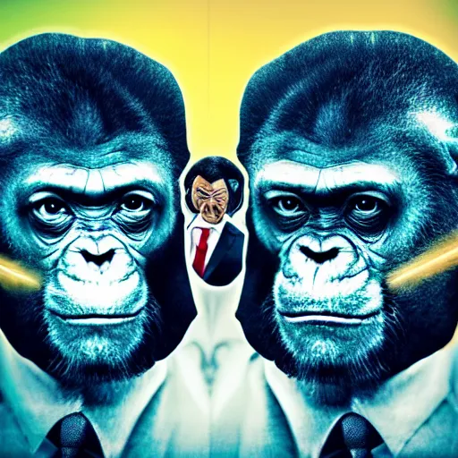 Image similar to double exposure portrait split in the middle, showcasing one astronaut and one chimpanzee in a suit posing with space in the background, pencil art, high definition, dynamic lighting stars, sharpness, golden ratio