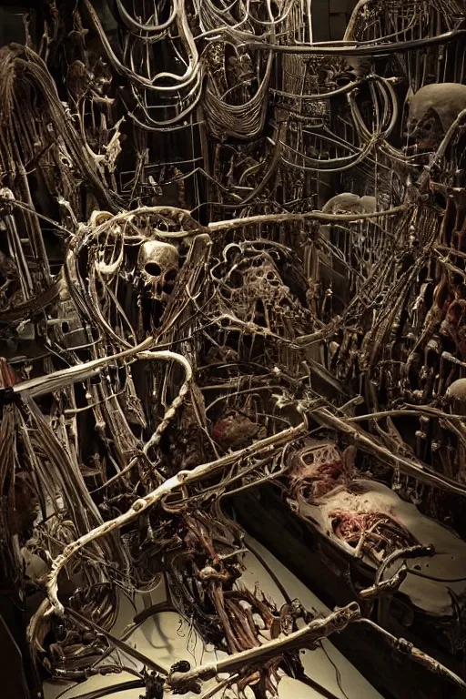 Prompt: inside a museum, a room where anatomical flesh body parts are piece of arts by Rob Bottin at night biomechanical, filth and grim, wires and strings, very detailed, ultra realistic photography, grainy image